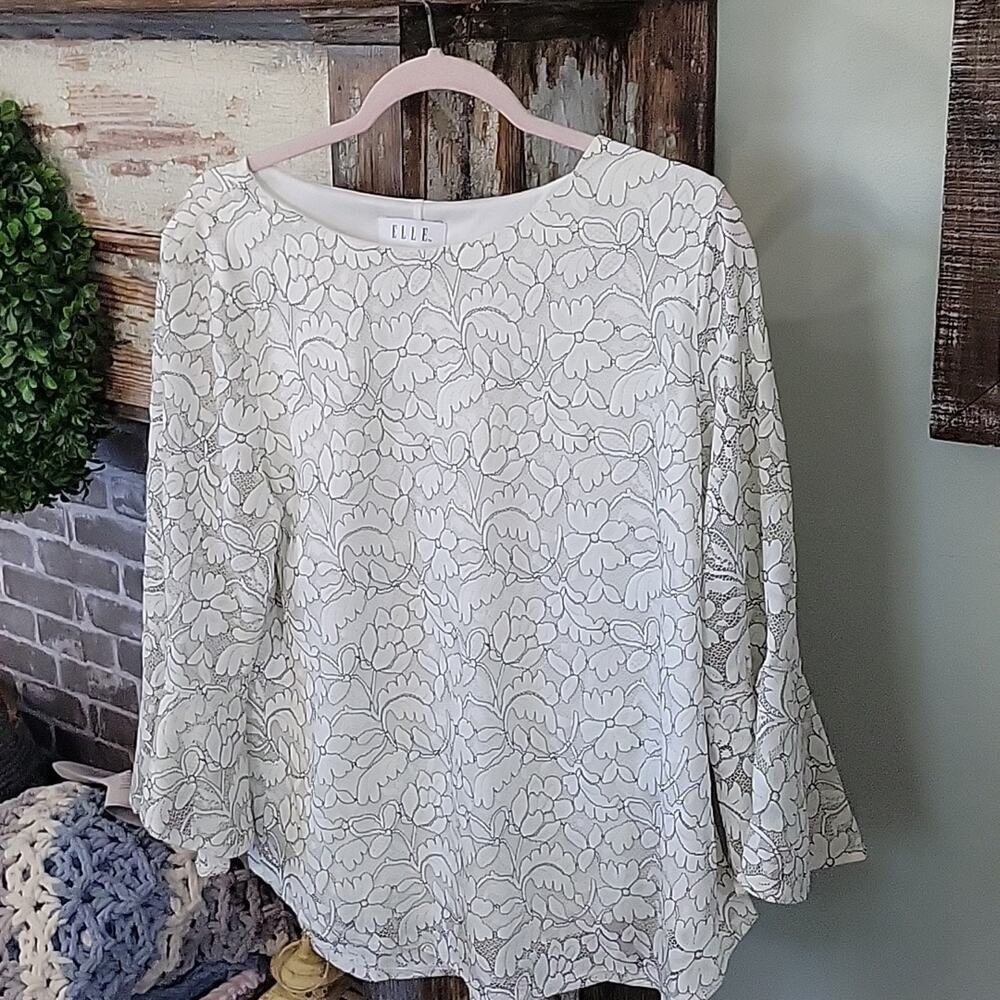 Elle White Floral Lace Bell-Sleeve Boho Blouse Womens XL